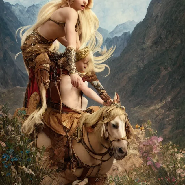 Prompt: dove cameron with long blonde hair wearing scale mail, riding a horse in the mountains on a dark and stormy day, rtx rendering, octane render 1 2 8 k, maya, extreme high intricate details by wlop, medium shot, composition by frank frazetta and alphonse mucha, oil on canvas, bright colors, art nouveau