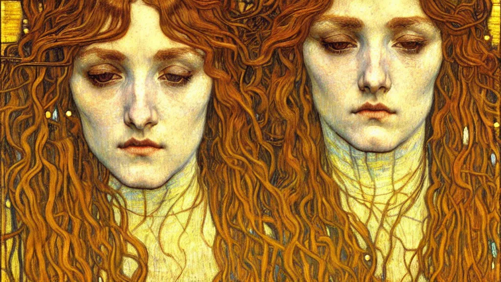 Image similar to detailed realistic beautiful young medieval queen face portrait by jean delville, gustav klimt and vincent van gogh, art nouveau, symbolist, visionary, gothic, pre - raphaelite, muted earthy colors, desaturated