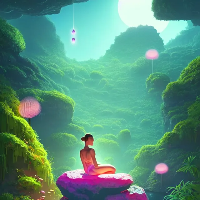 Image similar to a natalie portman sitting on rock, surrounded by bio - luminescent, glowing peaceful serene sentient solarpunk, jungle. in the style of katamari damacy, scattered glowing pink fireflies, soft vaporwave liminal aesthetic. 3 d blender by tomer hanuka, greg rutkowski, beeple, sharp focus, digital painting, concept art