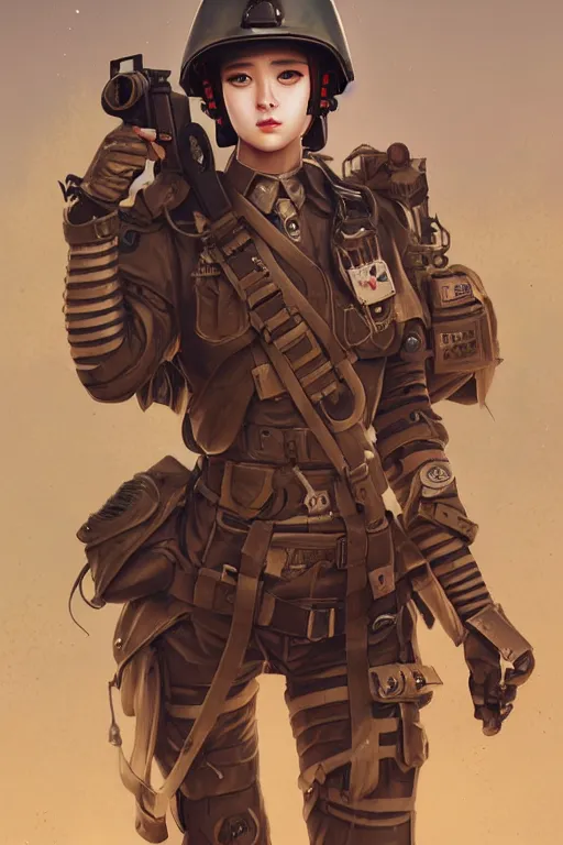 Image similar to dieselpunk blackpink jisoo as soldier girl, helmet, portrait, desert, armored, highly detailed, sharp focus, art, illustrations by rossdraws and ayanamikodon and wlop and irakli nadar and loish