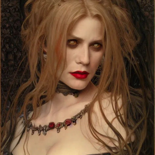 Image similar to portrait of a lady vampire, 35mm, depth of field, DOF, ominous, sharp, highly detailed, photorealistic, realistic, unreal 5, high definition, 8k, artstation, donato giancola, irwin penn, Alphonse Mucha