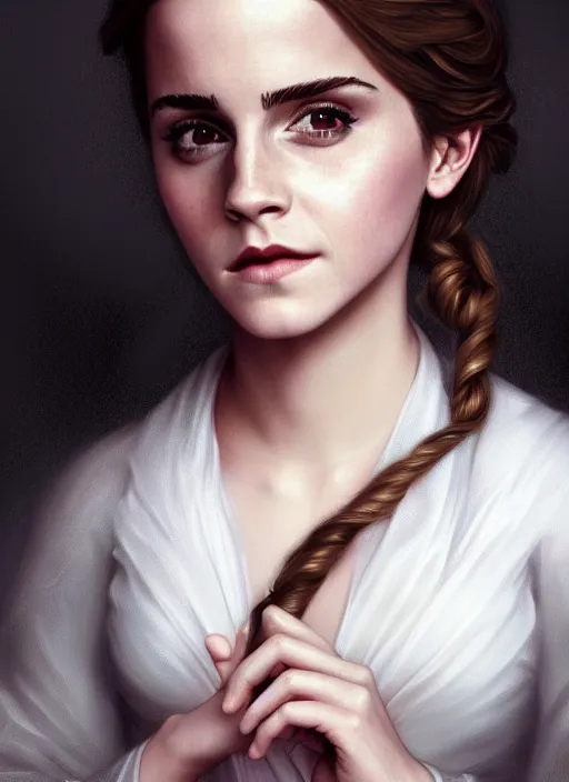 Prompt: emma watson as magic healer, long hair, white and rose cloth, shiny background, intricate, elegant, highly detailed, digital painting, artstation, concept art, smooth, sharp focus, illustration, artgerm, bouguereau