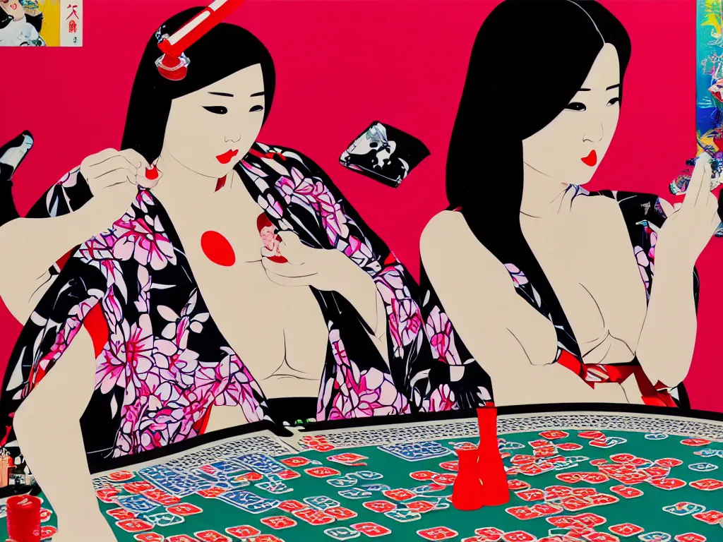 Image similar to hyperrealistim composition of the detailed single woman in a japanese kimono sitting at a extremely detailed poker table with darth vader, fireworks, river on the background, pop - art style, jacky tsai style, andy warhol style, acrylic on canvas