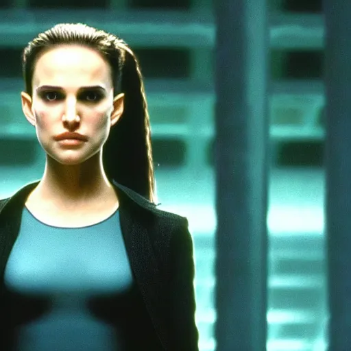 Image similar to Portrait of young Natalie Portman in a Matrix Movie, 4k cinematic quality, bluray image