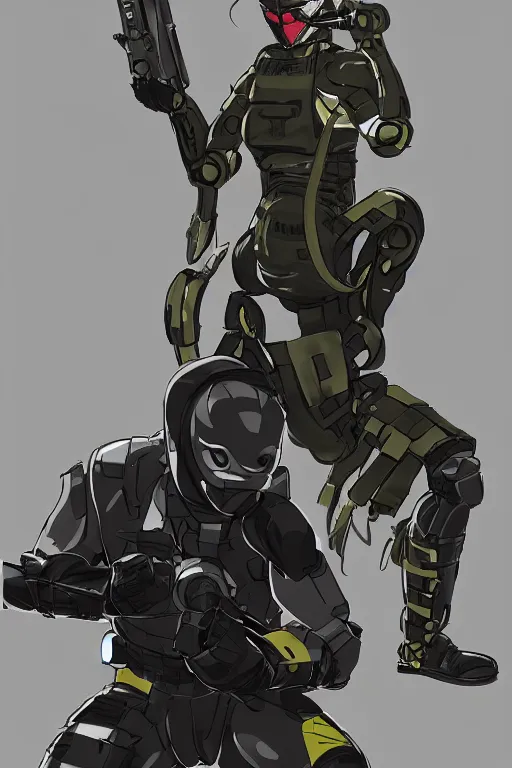 Prompt: robot ninja mask helmet metalgear solidsnake pose training suit swat heros chaykin howard and campion pascale and cooke darwyn and davis jack illustration character design concept the phantom pain cosplay sniper wolf