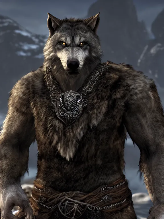 Image similar to cute handsome cuddly burly surly relaxed calm werewolf from van helsing unreal engine hyperreallistic render 8k character concept art masterpiece screenshot from the video game the Elder Scrolls V: Skyrim