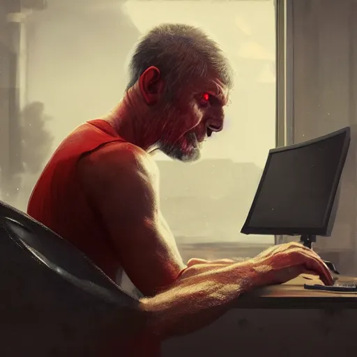 Image similar to a tired red - eyed man working on his computer, realistic, 8 k, extremely detailed, cgi, trending on artstation, hyper - realistic render, by greg rutkowski