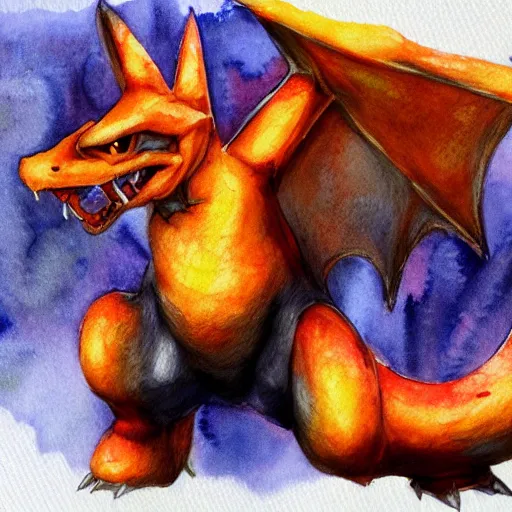 Prompt: charizard, watercolors, trending, artstation, stained paper