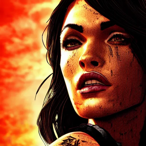 Image similar to megan fox portrait, borderlands, tales from the borderlands, the wolf among us, comic, cinematic lighting, studio quality, 8 k