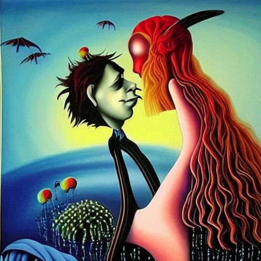 Image similar to surrealism painting of love by tim burton