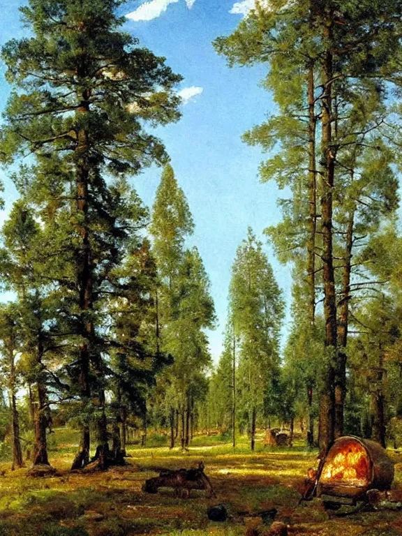 Image similar to Ivan Shishkin painting of a beautiful pizza at forest, beautiful lighting, sunny, summer, painting Ivan Shishkin