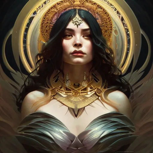 Image similar to perfectly-centered-Portrait of a sinister Goddess, intricate, highly detailed, digital painting, artstation, concept art, smooth, sharp focus, illustration, Unreal Engine 5, 8K, art by artgerm and greg rutkowski and alphonse mucha