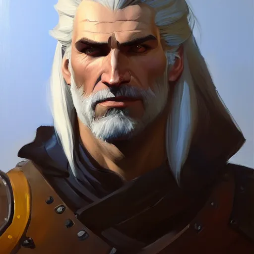 Image similar to Greg Manchess portrait painting of Geralt of Riva as Overwatch character, medium shot, asymmetrical, profile picture, Organic Painting, sunny day, Matte Painting, bold shapes, hard edges, street art, trending on artstation, by Huang Guangjian and Gil Elvgren and Sachin Teng