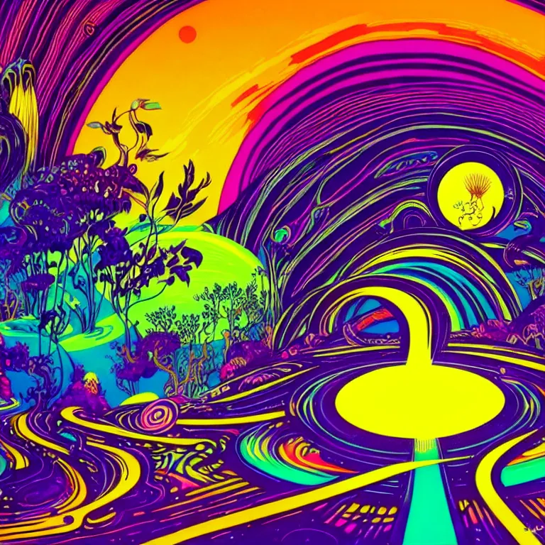 Prompt: psychedelic ringed planet, bright neon colors, highly detailed, cinematic, eyvind earle, tim white, philippe druillet, roger dean, lisa frank, aubrey beardsley