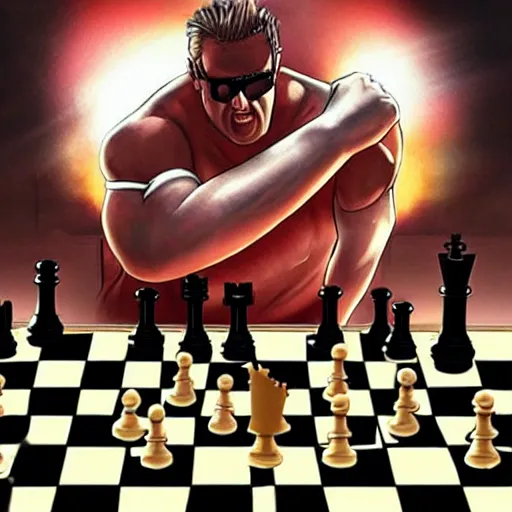 Image similar to Duke Nukem playing chess, Duke Nukem art style, explosive background