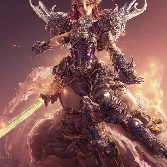 Image similar to studio portrait of lawful good colorful female divine mech paladin as absurdly beautiful, elegant, young sensual gravure idol, ultrafine hyperrealistic detailed face illustration by kim jung gi, irakli nadar, intricate linework, sharp focus, bright colors, matte, octopath traveler, final fantasy, unreal engine highly rendered, global illumination, radiant light, intricate environment