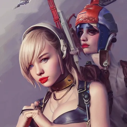 Prompt: lalisa gray and dove cameron as tank girl, fantasy, portrait, highly detailed, waist up, low camera angle, digital painting, trending on artstation, concept art, sharp focus, illustration, art by artgerm and greg rutkowski and magali villeneuve