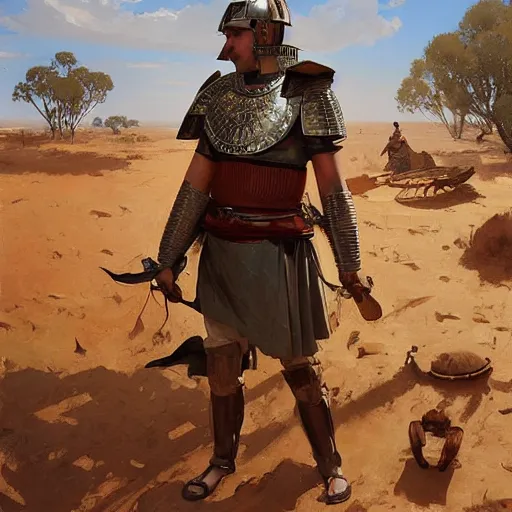 Prompt: detailed portrait of a 5 0 ad roman legionary wearing full roman equipment standing in the middle of the australian outback, jodhpurs greg manchess, painting by sargent and leyendecker, asymmetrical intricate elegant illustration gwent, by greg rutkowski, by greg tocchini, by craig mullins