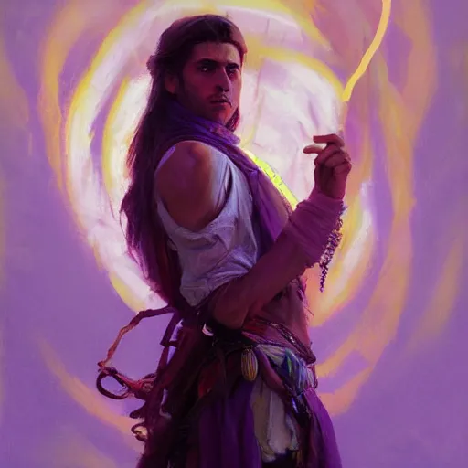 Image similar to an oil art portrait of young roma mage with purple neon magic in style of disco elysium character, paladin character design from d & d, art by anders zorn, wonderful masterpiece by greg rutkowski, beautiful cinematic light, american romanticism by greg manchess, jessica rossier