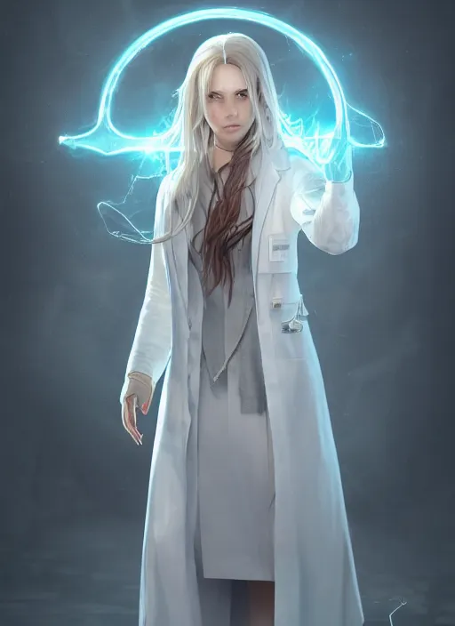 Image similar to a female doctor in white coat, ultra detailed fantasy, elden ring, realistic, dnd, rpg, lotr game design fanart by concept art, behance hd, artstation, deviantart, global illumination radiating a glowing aura global illumination ray tracing hdr render in unreal engine 5