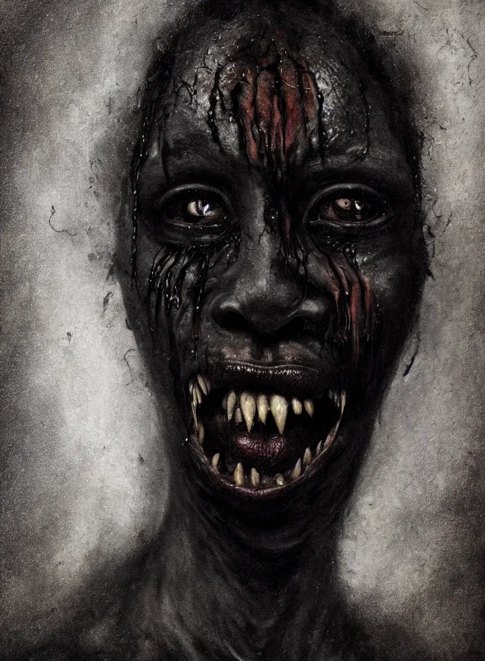 Image similar to a closeup portrait of a monster with black skin that invokes fear, d & d, fantasy setting, horror environment, morbid colors, dark lighting, atmospheric, cinematic, moody, in the style of diego koi, gina heyer, luiz escanuela, art by alyssa monk, depth, hyperrealism, rule of thirds, golden ratio, oil on canvas, 8 k