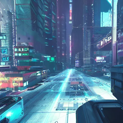 Prompt: Open world GTA-like cyberpunk game, futuristic city, HUD, screenshot, Unreal Engine 5