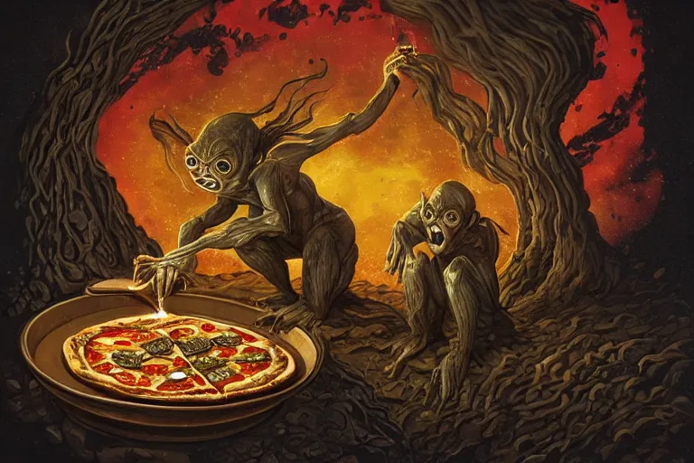 Image similar to a highly detailed gollum making pizza! using a blowtorch!, a volcano in the background is spewing black smoke, with streams of hot lava flowing, post - apocalyptic vibe, full body, wide angle, an ultrafine detailed painting by joe fenton, trending on deviantart, pop surrealism, whimsical, lowbrow, perfect symmetrical face, sharp focus, octane, masterpiece