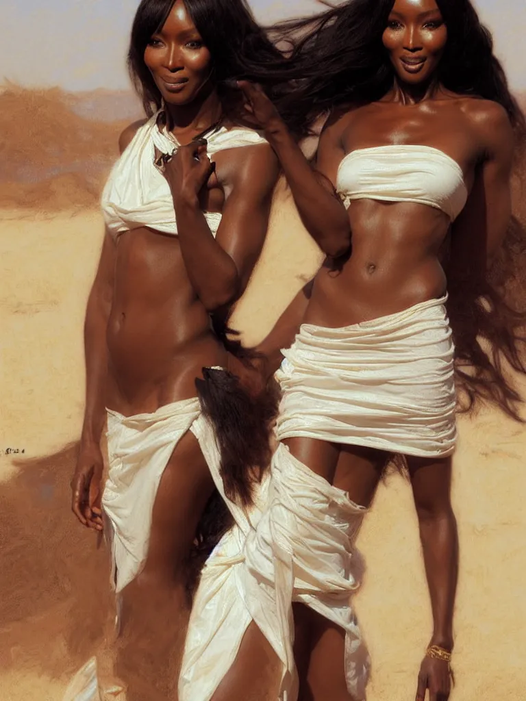 Prompt: Portrait of Naomi Campbell in the Libyan desert, white skirt and barechest, intricate, elegant, highly detailed, artstation, concept art, intricate, highly detailed, sharp focus, ruan jia, jurgens, orientalism, bouguereau