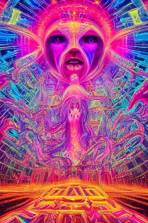 Prompt: a detailed digital neon illustration of the burningman effigit in the style of Alex Grey, lisa frank, beeple, dan mumford. maya render, trending on artstation, greg rutkowski very coherent symmetrical artwork, psychedelic, fantasy, 8k, ornate, intricate, symmetry, cinematic, hyper realism, high detail, octane render, 8k, iridescent accents