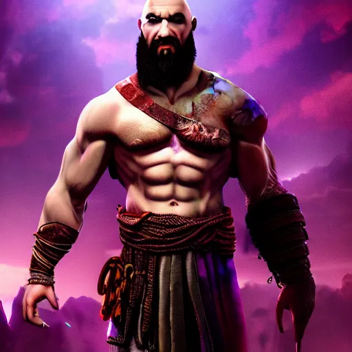 Prompt: kratos from god of war as real human, retrowave, synthwave, purple color sheme, 8 k photography