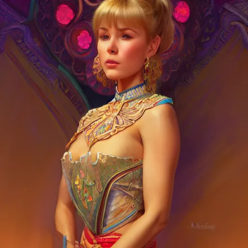 Prompt: wide angle full body portrait of I Dream of Jeannie, with a perfect face and perfect body, intricate, highly detailed, digital painting, artstation, concept art, smooth, sharp focus, illustration, Unreal Engine 5, 8K, art by artgerm and greg rutkowski and alphonse mucha