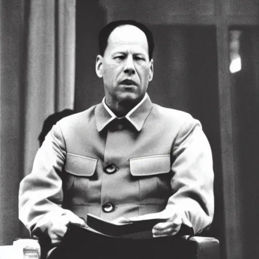 Image similar to Bruce Willis as Mao Zedong, leader of China. He is dressed like a military dictator, and is in a conference with Soviet Leaders in Siberia.