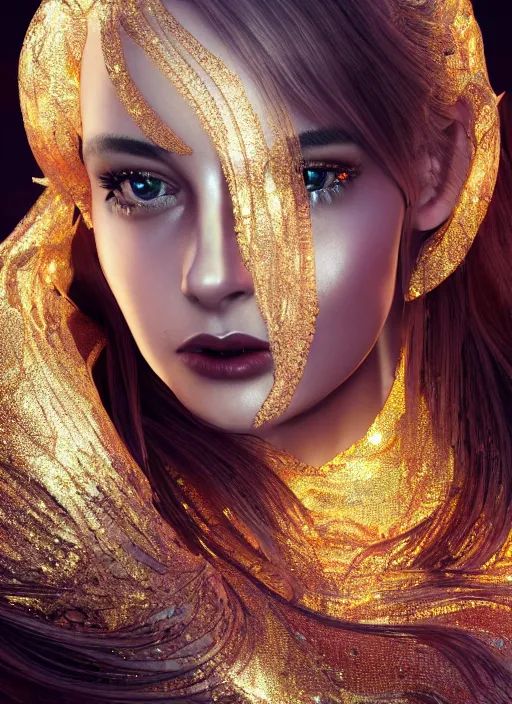 Image similar to beauteous practical sumptuous tattood beautiful face, crystal, gold, copper, bronze biomechanical with incredible iridescent pearlescent voluminous neon hair, crystalline masterpiece incrustations, hyperdetailed face, elegant pose, movie still, intricate, octane render, cinematic forest lighting, unreal engine, crepuscular rays, god rays