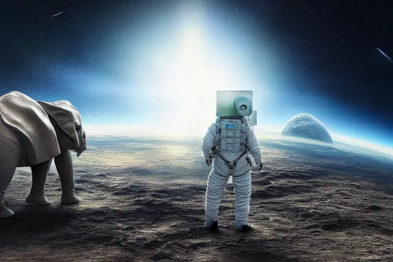 Prompt: still fullbody photo of sad albert einstein in spacesuit in space, flying island at background, flat earth on elephants and turtle at background, highly detailed, photorealistic shot, bright studio setting, studio lighting, crisp quality and light reflections, unreal engine 5 quality render