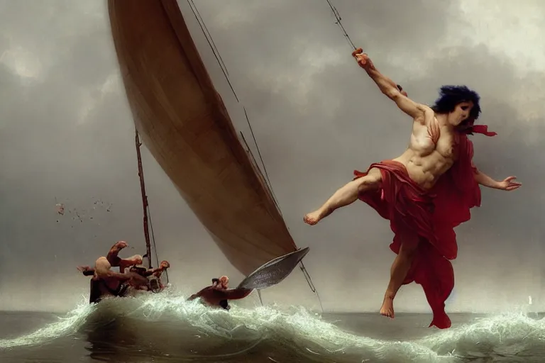 Image similar to ancient historically accurate depiction of Bible Character walking on water during a storm, a small fishing sailboat with scared sailors on board, dramatic lighting by frank miller, illustration by Ruan Jia and Mandy Jurgens and William-Adolphe Bouguereau, Artgerm, 4k, digital art, surreal, space dandy style, highly detailed, godsend, artstation, digital painting, concept art, smooth, sharp focus, illustration by Ruan Jia and Mandy Jurgens and William-Adolphe Bouguereau, Artgerm