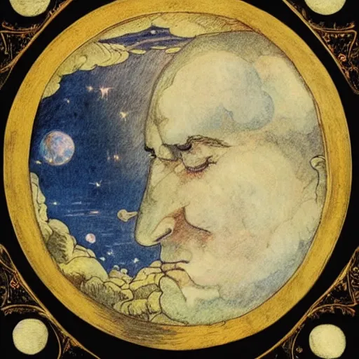 Image similar to dan morris celestial thinking moon portrait, surrounded by clouds, illustrated by peggy fortnum and beatrix potter and sir john tenniel