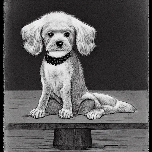 Prompt: dog posing for a portrait, style of edward gorey