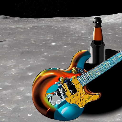 Image similar to an electric guitar headstock and a beer can on the moon. detailed. cartoon