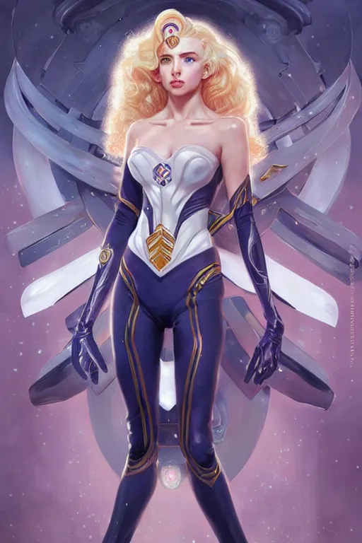 Prompt: genetically augmented super soldier Sailor Moon as a male, pale skin curly blond hair, fantasy, intricate, elegant, highly detailed, digital painting, artstation, concept art, matte, sharp focus, illustration, art by Artgerm and Greg Rutkowski and Alphonse Mucha