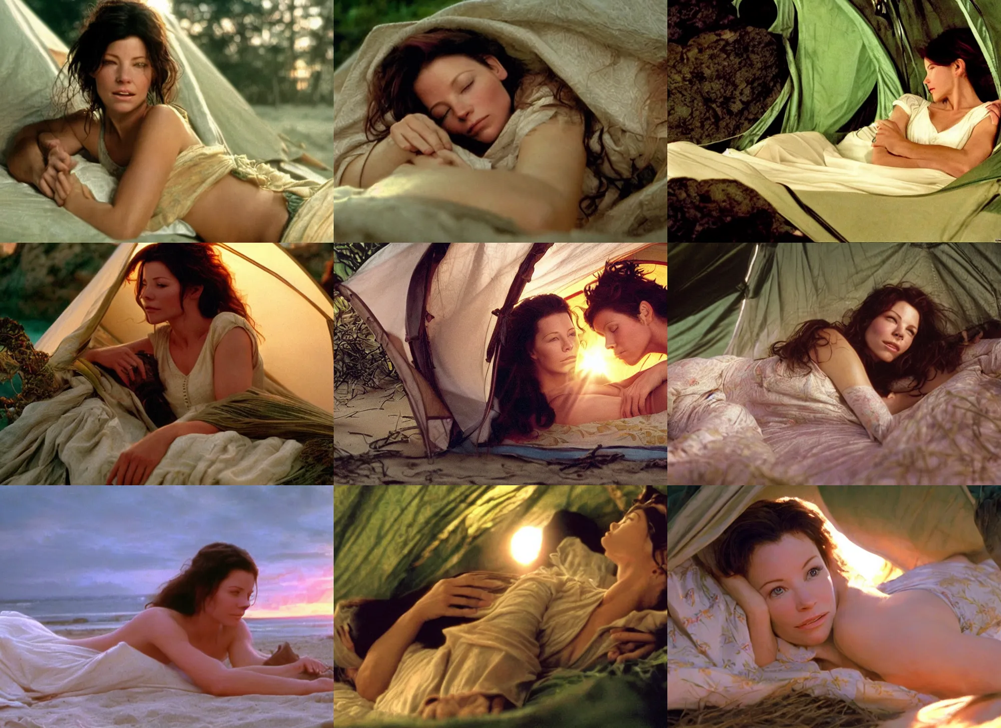 Prompt: evangeline lily sleeping in a tent on a tropical beach, lost ( 2 0 0 4 ), sundown, cinematic, alphonse mucha