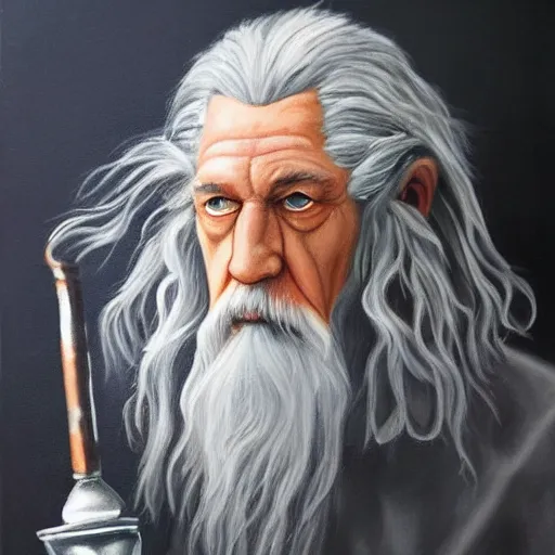 Prompt: photorealistic painting of Gandalf the Grey smoking a bong