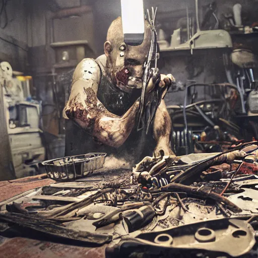 Image similar to intricate object made of rusted old egg beater and forks and knives, balding older cyborg repairing, red hot soldering iron, dark messy smoke - filled cluttered workshop, dark, dramatic lighting, cinematic, highly detailed, sci - fi, futuristic, movie still from blade runner