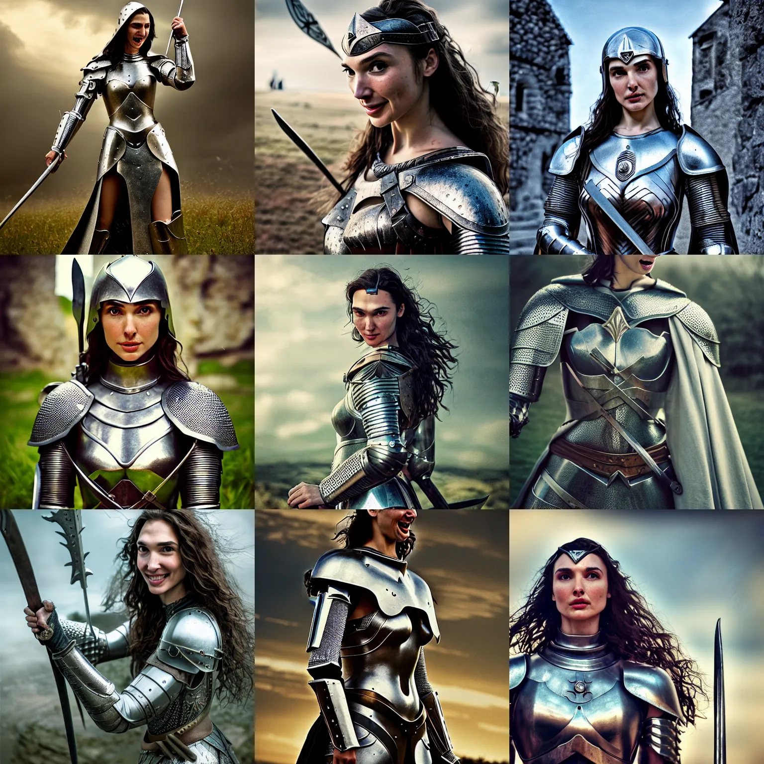 Prompt: beautiful ultra realistic medieval scene, 1290s frontiers in human medieval armour fashion magazine September retrofuturism gal gadot as joan of arc in Agnieszka Lorek edition, highly detailed, extreme closeup portrait, tilt shift background, three point perspective, focus on feminine model;knight;laughing;pointè pose, soft lighting