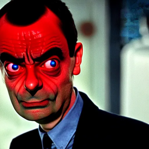 Image similar to mr. bean as the terminator. movie still. red glowing eye. t 1 0 0 0, cinematic lighting.