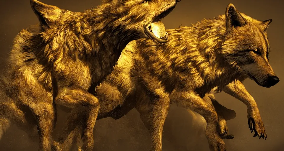 Prompt: wolves and their treasures - golden sculptures of wolves in the mountains - dramatic lighting, highly detailed render, trending on artstation