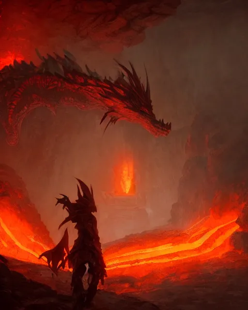 Image similar to fantasy dragon in a lava dungeon , by Greg Rutkowski and craig mullins, 8k photorealistic, cinematic lighting, HD, high details, dramatic, atmospheric , trending on artstation