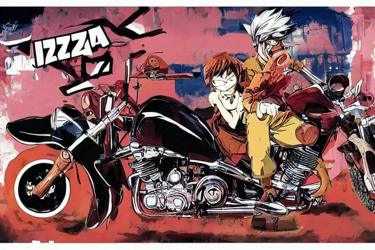 Prompt: pizza, akira's motorcycle, gorillaz, poster, high quality