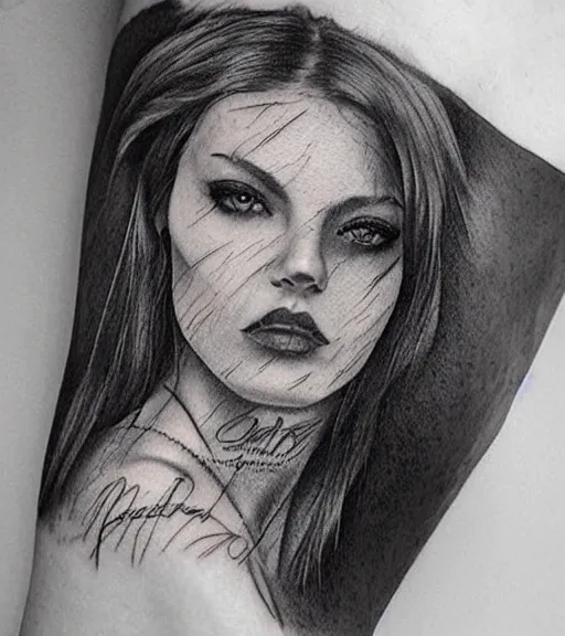 Image similar to amazing blend effect of beautiful mountain scenery with a beautiful woman face, tattoo design sketch, hyper - realistic, in the style of matteo pasqualin, amazing detail, black and white