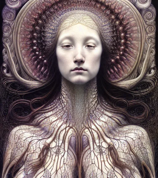 Image similar to detailed realistic beautiful day goddess face portrait by jean delville, gustave dore, iris van herpen and marco mazzoni, art forms of nature by ernst haeckel, art nouveau, symbolist, visionary, gothic, neo - gothic, pre - raphaelite, fractal lace, intricate alien botanicals, ai biodiversity, surreality, hyperdetailed ultrasharp octane render