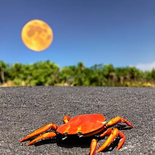 Image similar to crabs in the middle of nowhere queue in a line behind a slingshot pointed towards the moon to be sent to the moon